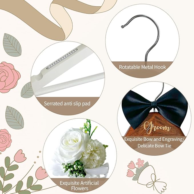 Groom Bride Hanger for Wedding Dress or Suit - 2 Pack Wedding Hangers Gifts Accessories - Bridal Hanger with Bow Tie & Exquisite Wrist Flower for Bridal Party