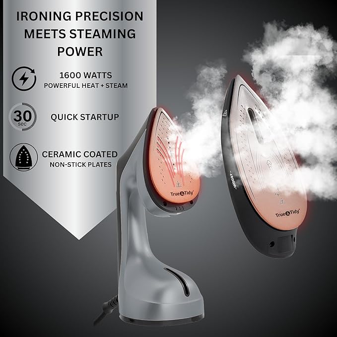 True & Tidy 2-in-1 Iron and Handheld Steamer, 1600W Dual Heating System with Ceramic-Coated Plate, LCD Display, No-Drip Technology, 3 Fabric Modes, Portable Garment Steamer for Home & Travel