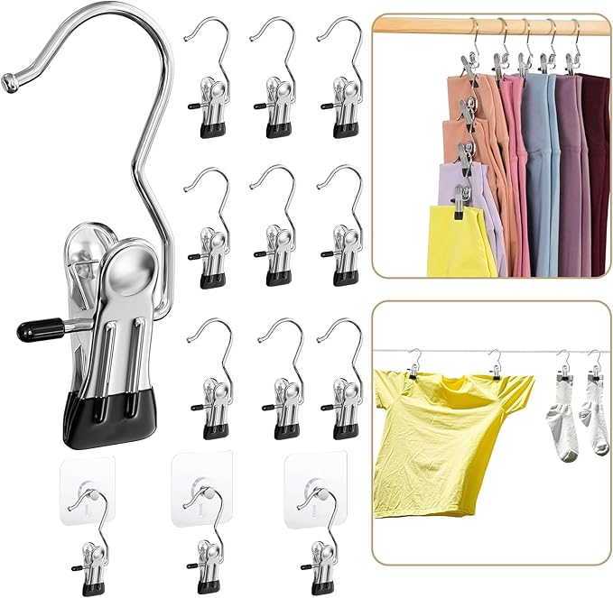 Pant Hangers with Clips, Hanger Clips, Clothes Pins, Space Saving Hanging Closet Organizer Storage, Jean Hangers, Clothespins for Leggings, Pants, Skirt, Hat, Boots, 90 Clips+10 Self Adhesive Hooks