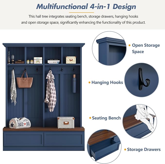 Hall Tree with Storage Bench, Farmhouse 4-in-1 Hall Tree with Wood Grain Bench, 2 Large Drawers, 6 Black Hooks, 4 Storage Compartments, Mudroom Versatile Coat Rack for Hallway, Living Room