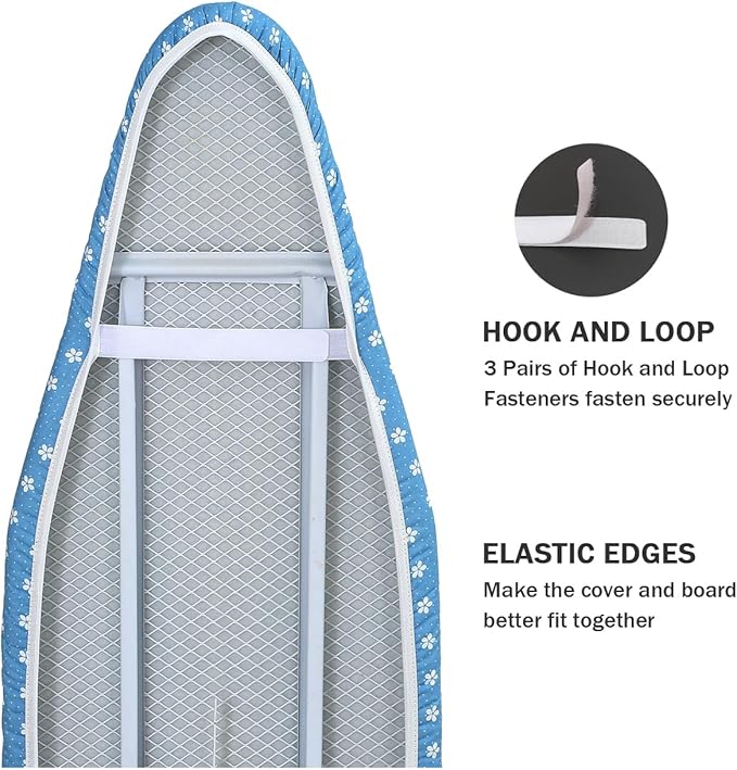 Ironing Board Cover and Pad Standard Size 15 x 54,3 Pairs of Hook and Loop Fastener Straps,Elastic Edges,Cotton Iron Board Cover with Scorch Resistant Thick Padding (Pattern D)