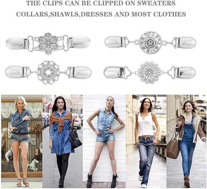 Vintage Sweater Clips Shawl Dresses Shirt Clips Retro Cardigan Collar Chain Clips Brooch Pins for Women