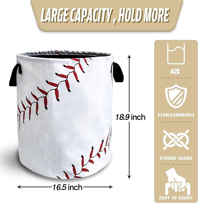 Baseball Texture Pattern Laundry Basket Ball Foldable Oxford Cloth Funny Tote Bag Laundry Hamper Clothes Storage Bucket Toy Organizer For Bathroom/Laundry Storage/Bedroom 18.9x16.5 Inch