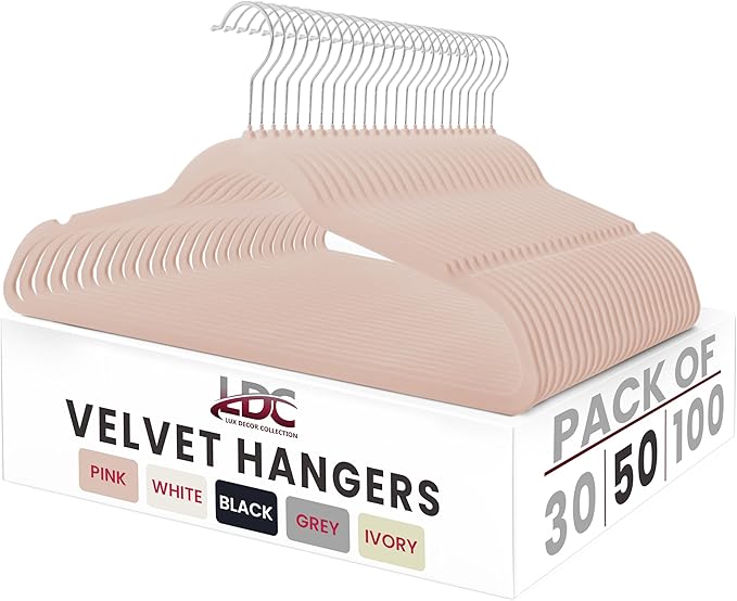LDC Pink Velvet Hangers 50 Pack - Premium Non-Slip Clothes Coat Pants Felt Hanger for Closet - Heavy Duty Space Saving 360° Swivel Hook Hangars - Pink