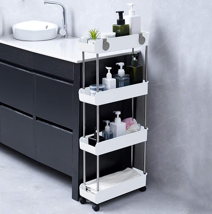 Melody House 4-Tier Slim Mobile Shelving Unit on Wheels, Slide Out Rolling Bathroom Storage Organizer, Utility Carts Shelf Rack for Kitchen Bathroom Laundry Room Narrow Places, White