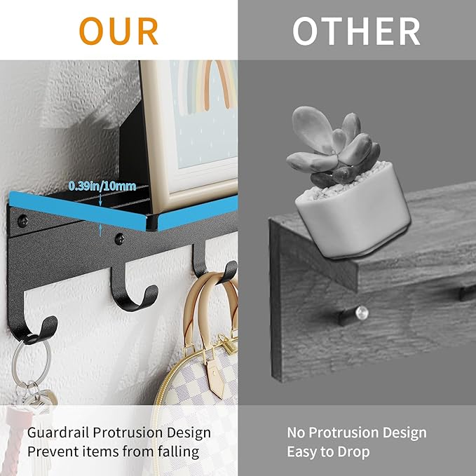 Wall Shelf with Hooks, Metal Coat Rack Wall Mounted with 5 Hooks, 17 Inch Clothes Hooks Entryway Coat Hangers Storage Clothes, Bags, Purse, Keys for Living Room, Bedroom, Black