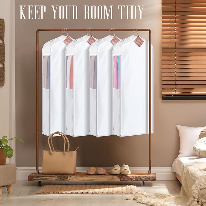 4 Pack Cotton Garment Bags with Cedar Blocks, 40'' Breathable Hanging Closet Storage Bags with Clear Mesh Window, 6'' Wide Gusset Covers for Seasonal Storage Suits, Coats & Sweaters, White