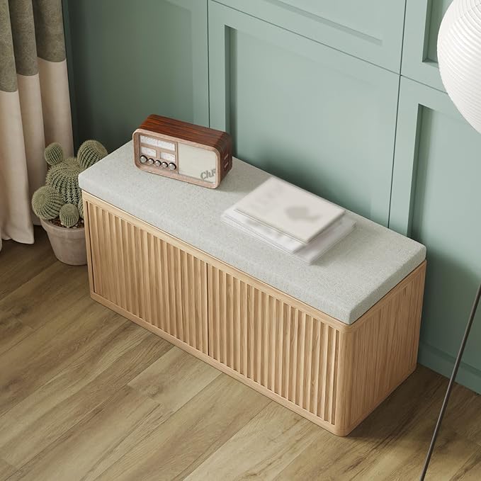 Double Layered Shoe Cabinet with Bench,Wooden Shoe Bench with Soft Cushion,Double Door without Handle Pressing Spring,Fluted Panel,Suitable for Entrance,Corridor and Living Room (Shoe Bench-Light Oak)