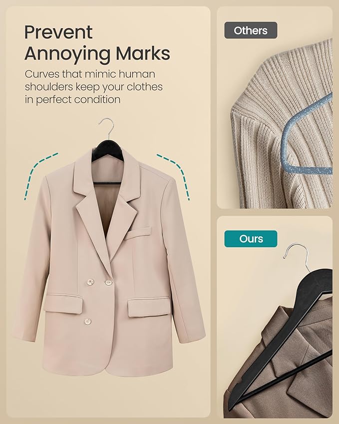 SONGMICS Wooden Hangers, Pack of 20, Coat Hangers, Pants Bar, 360° Swivel Hooks, Solid Birch Wood, 0.3-Inch Thick, Space Saving, for Jackets, Shirts, Coats, Ink Black UCRW040B01