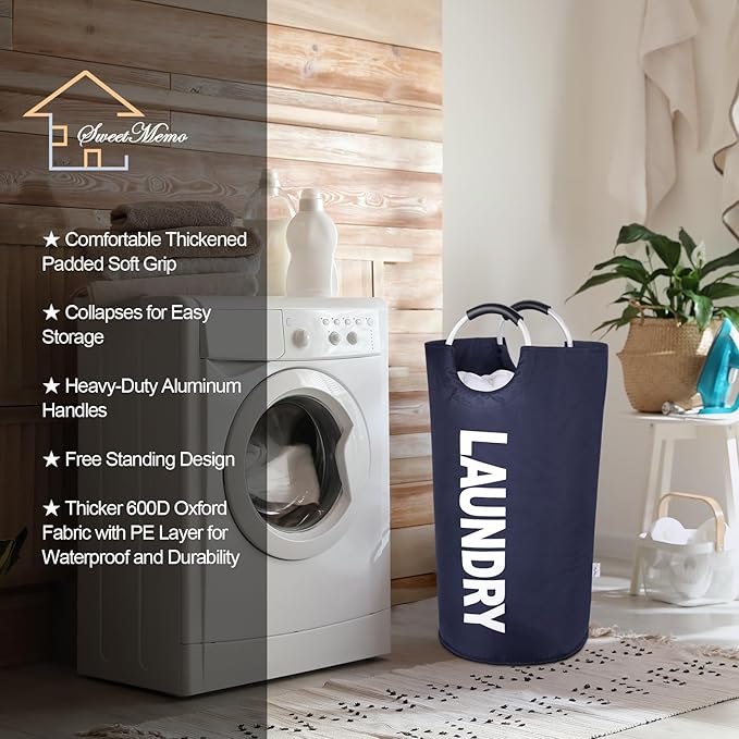 Large Laundry Basket Collapsible 95L, Tall Laundry Bag with Handles for Boys, Student, – Fioldable Dirty Clothes Hampers for College Dorm，Laundry Room, Lightweight, Sturdy - Navy Blue