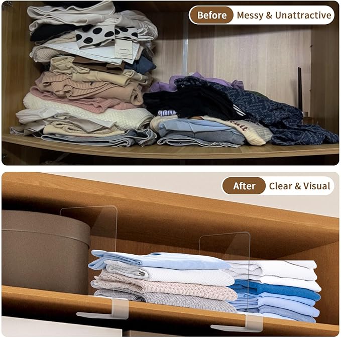 Acrylic Closet Shelf Dividers, Heavy Duty Organizer for Clothes, Handbags, Sweaters & Towels - Transparent Storage Solution for Kitchen Cabinets, Wardrobes & Home Shelving (6Pack)