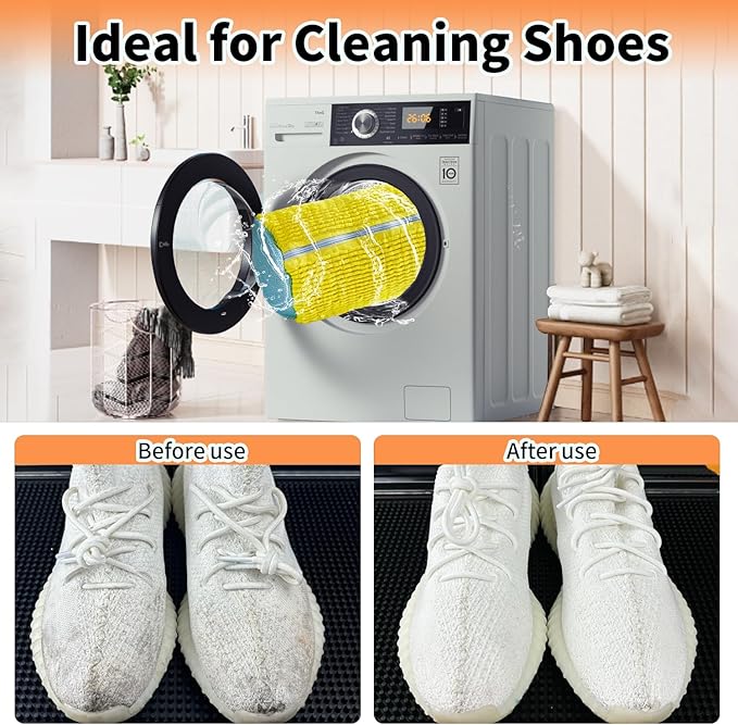 2Pcs Reusable Shoe Cleaning Bag, Yellow Mesh, Polyester, Laundry Bags, Zipper Closure, XX-Large, Modern, Hangable, Scratch Resistant, 2 Count