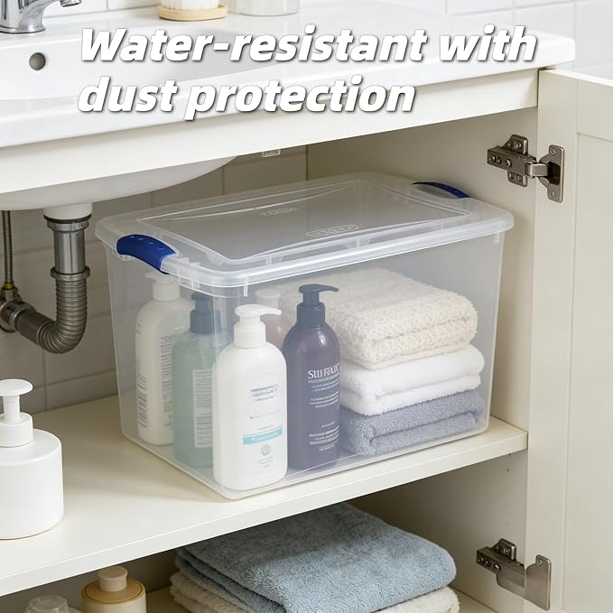 66 Quart Large Clear Plastic Storage Bin – Airtight Latch Lid Container with Blue Handles, Stackable & Durable for Closets, Garages, Dorm Rooms & Basements (Fits Bedding/Seasonal Clothes)