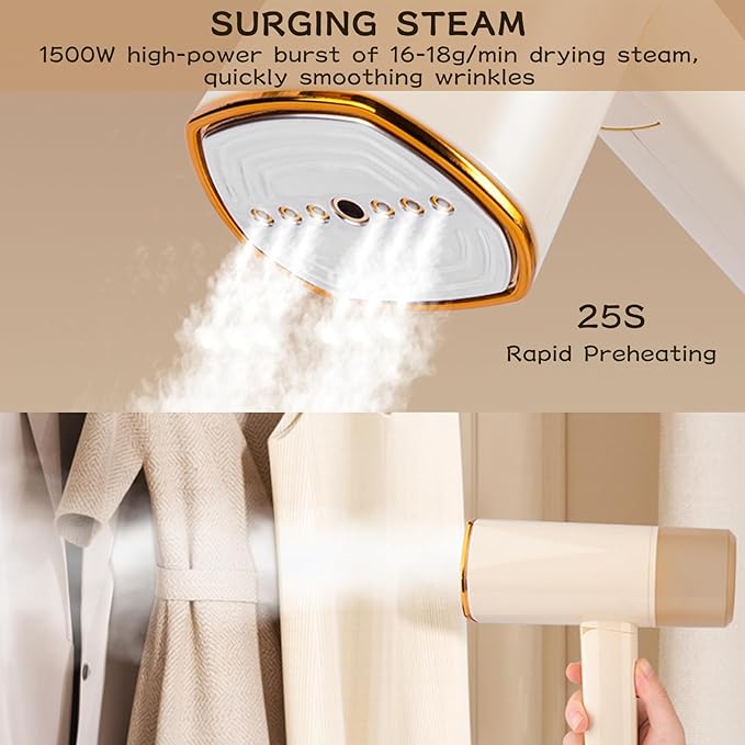 Portable Handheld Steamer, 25S Rapid Preheating 1500W Powerful Clothing Wrinkle Remover, A Small Foldable Steam Iron Suitable for Garments, Fabrics & Curtains (Beige)