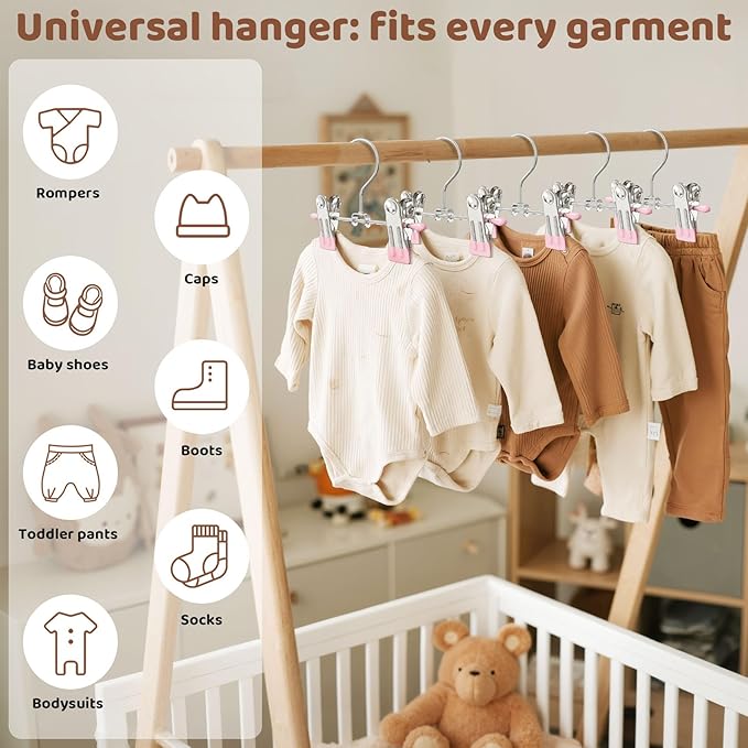 12 Pack Baby Hangers with Clips, 360°Rotatable Toddler Pant Hangers with Clips, Non-Slip Space Saving Kids Hanger for Newborn Children Clothes Skirts Boots Closet Organizers, Pink