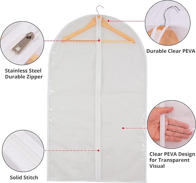 Clear Garment Bag Suit Bags for Closet Storage, Vinyl Garment Bags for Hanging Clothes, Coat Covers for Closet with Zipper and Plastic Garment Bags for Hanging Clothes - 24'' X 40''/6 Pack
