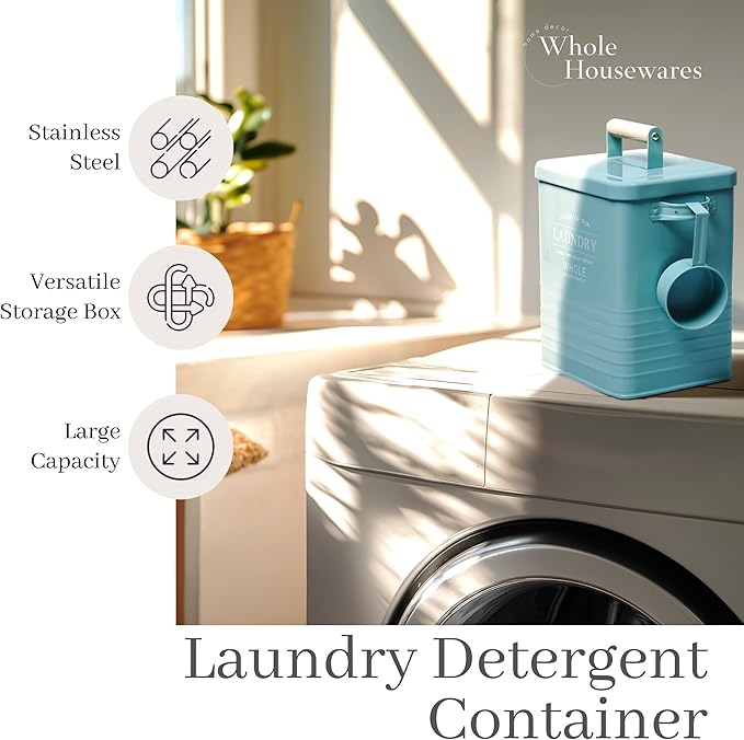 WHOLE HOUSEWARES Laundry Powder Container with Scoop for Detergent Powder - Laundry Detergent Container - Easy-to-Use Dispenser, Ideal for Laundry Room Storage - 9in x 7in x 6in - Mint