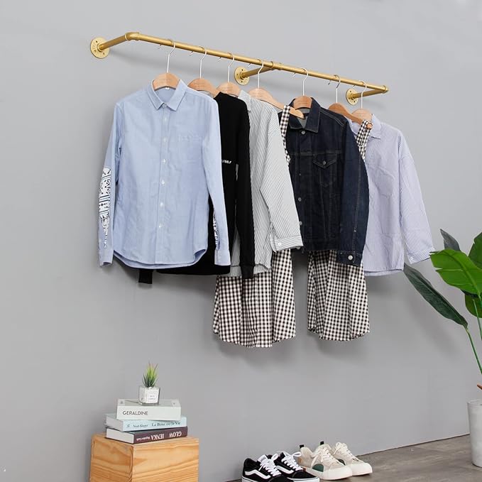 Industrial Pipe Clothing Rack Wall Mounted,Vintage Retail Garment Rack Display Rack Cloths Rack,Metal Commercial Clothes Racks for Hanging Clothes,Iron Clothing Rod Laundry Room (Gold, 59in)
