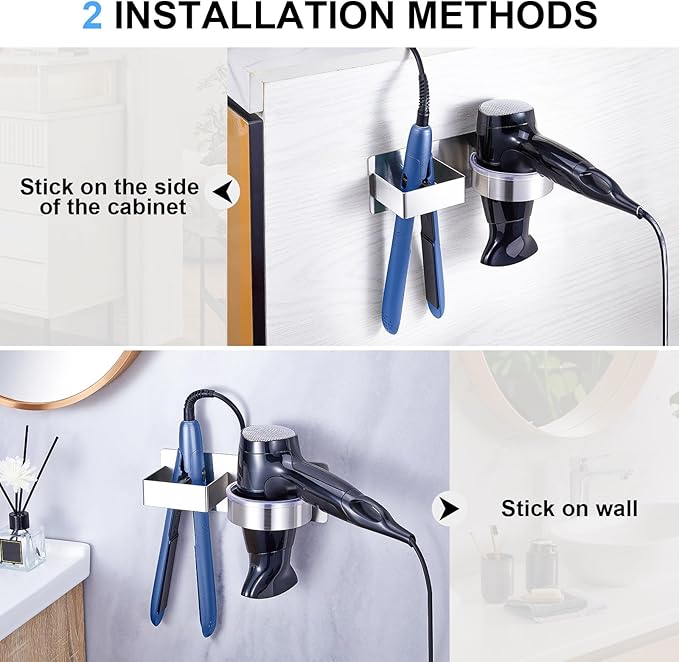 Hair Dryer Holder Wall Mount, Stainless Steel Straightener Holder, Adhesive Blow Dryer Holder and Curling Iron Holder Storage, Hair Tools Organizer for Bathroom Barber Shop Hotel