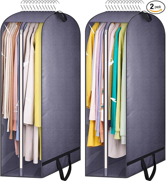 KIMBORA 10" Gusseted Clear Garment Bags for Hanging Clothes Storage, 43" Suit Bags for Closet Storage with Handles, Garment Covers for Coats, Jackets, Sweaters (2 Packs, Grey)