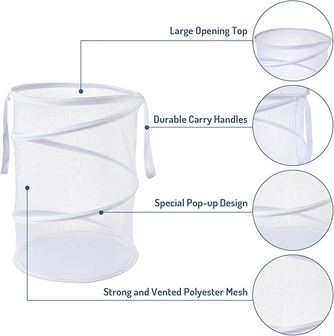 Seiritex Mesh Popup Laundry Hamper 115L Collapsible Laundry Basket Extra Large Capacity Foldable Clothing Storage Basket with Handles No Lid 26 H x 18 W x 18 L (White)