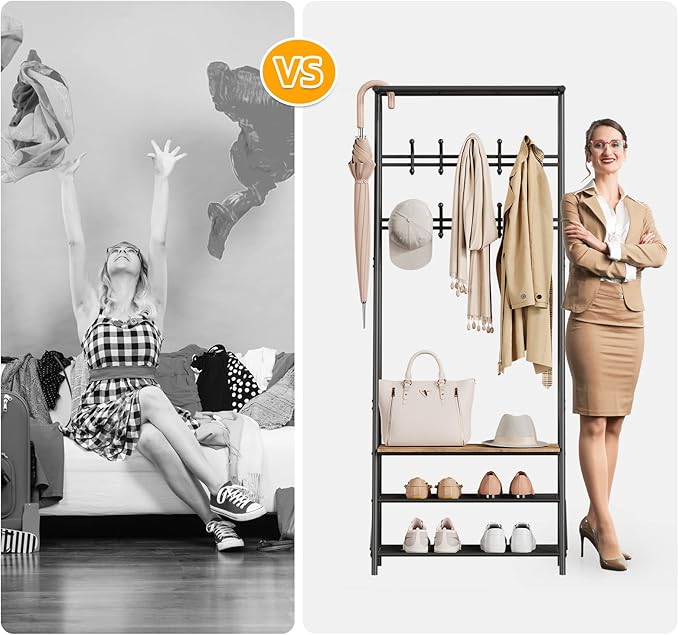 GAOMON Coat Rack, Hall Tree with Shoe Bench for Entryway, Shoe Rack Organizer with 10 Coat Hooks, 3-in-1 Hall Tree Entryway Bench, Wooden Furniture with Metal Frame