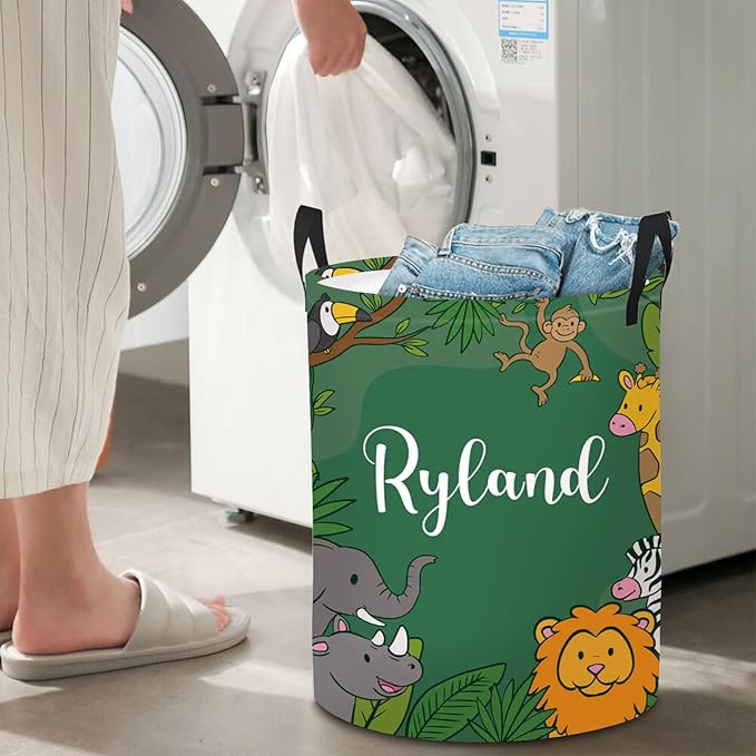 Personalized Baby Boys Laundry Basket with Name, Custom Name Safari Animals Laundry Hamper for Girls Adults, Customize Baby Dirty Clothes Basket with Name and Handles