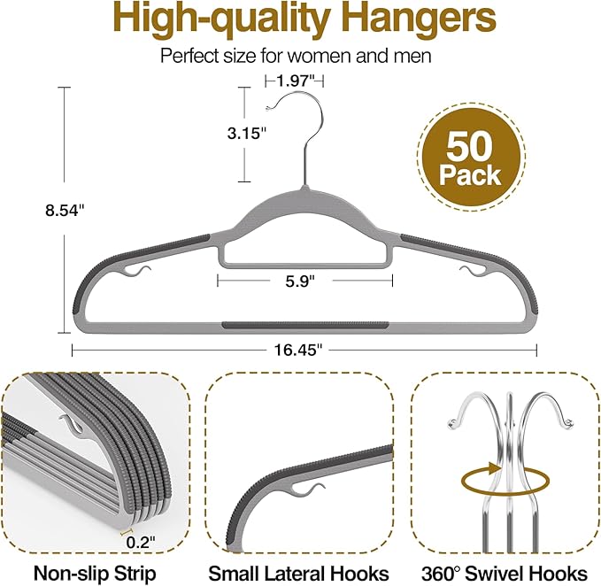 Plastic Hangers 50 Pack, 16.5 in Heavy Duty Clothes Hangers with 360° Swivel Hook, Non-Slip Bar & 0.2" Ultra-Slim Space-Saving Organizers for Coats, Pants, Suits, Shirts, Light and Dark Gray