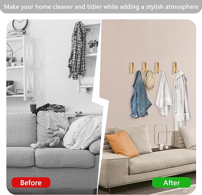 2PCS Foldable Gold Wall Hooks, Heavy Duty Zinc Alloy Folding Wall Hooks,Folding Coat Hooks, Flip Down Hook for Hanging Coats, Bags, Hats, Cooking Utensil, Bathrobes, Keys (Gold)