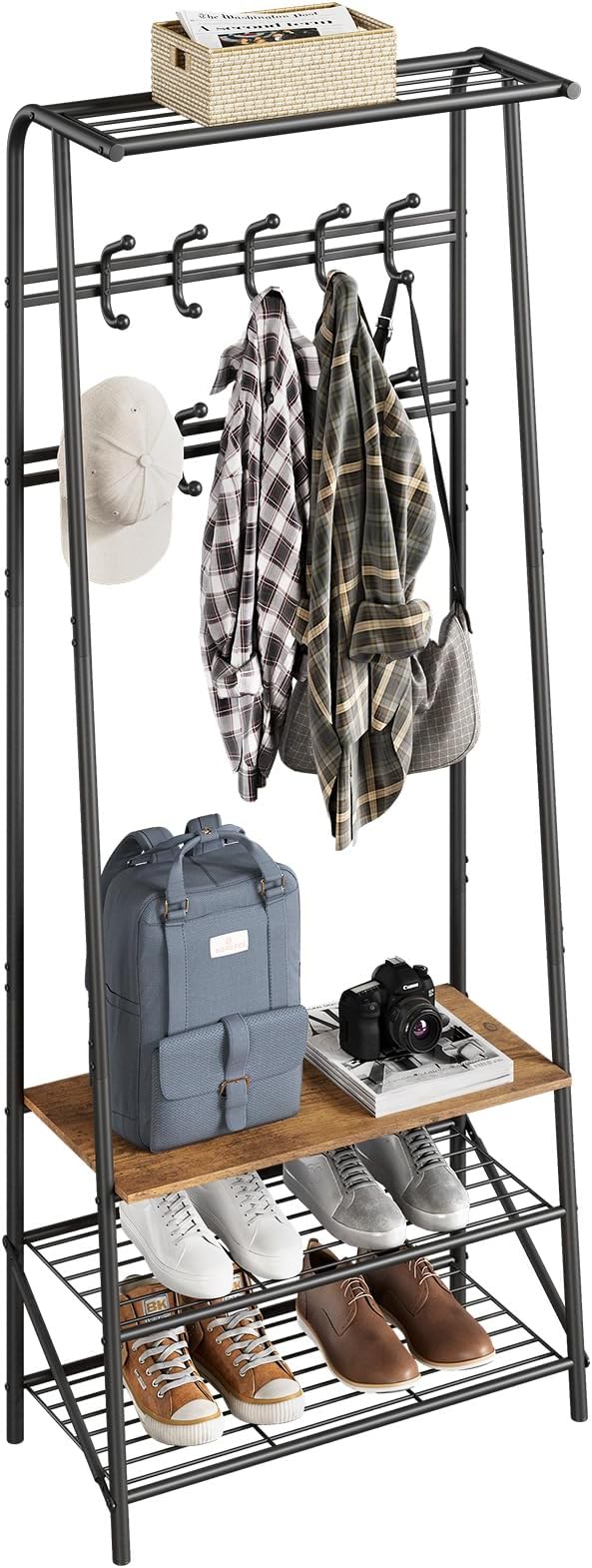 Coat Rack, 4-in-1 Hall Tree, Entryway Shoe Bench Coat Standwith Metal Frame, 3-Tier Shelf and 10 Hooks for Entryway,Hallway, Bedroom