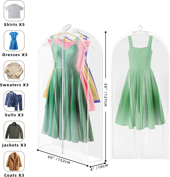 Garment Bags for Hanging Clothes with 4" Gusseted, Suit Cover for Clothes,Coats,Suit,Jackets,Dress,Shirts,Skirt. (Clear-50"-2pcs-Double zipper-PE)