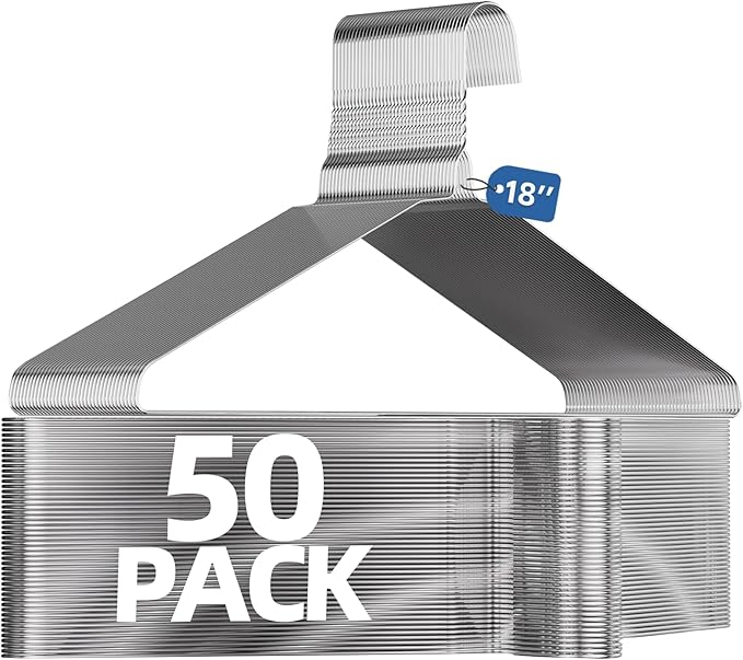 SPECILITE 18 Inch Wire Metal Clothes Hangers Bulk 50 Pack for Large Size Suits, Coats, Shirts, Pants, Skirts, Space Saving, Non Slip,12 Gauge Ultra Thin, Silver