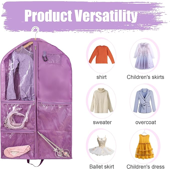 1 Pack Garment Bag for Travel Storage,Dance Costumes Competition Bag,Girls Dress Recital Dance Bag Kids Garment Bags for Hanging Clothes,Clear Purple Cheer Uniform Garment Bag.40Inch