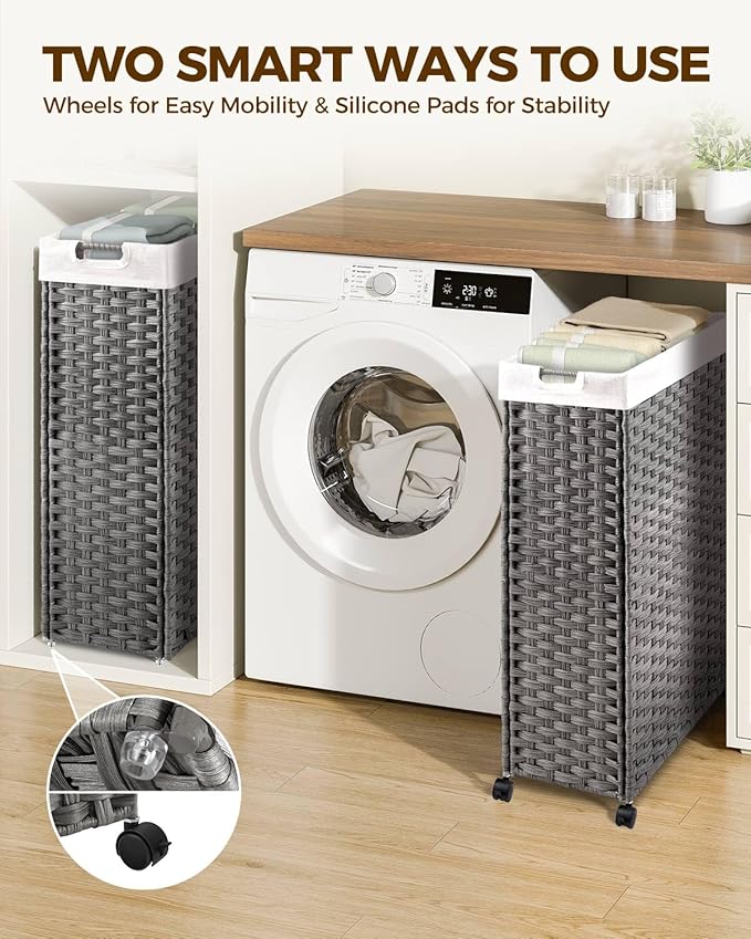 Greenstell Laundry Hamper with Wheels & Handles, 26.4 Gallon (100L) Slim Laundry Basket with 2 Removable Liner Bags & 2 Mesh Bags, Foldable Narrow Clothes Hamper for Bedroom, Bathroom, Closet, Grey