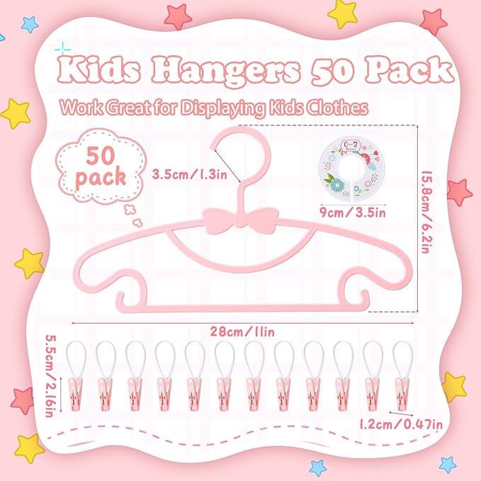 50 Pack Pink Baby Hangers Plastic Baby Clothes Hangers with Clips Non-Slip Ultra-Thin Kids Infant Coat Hanger for Newborn Toddler Clothes