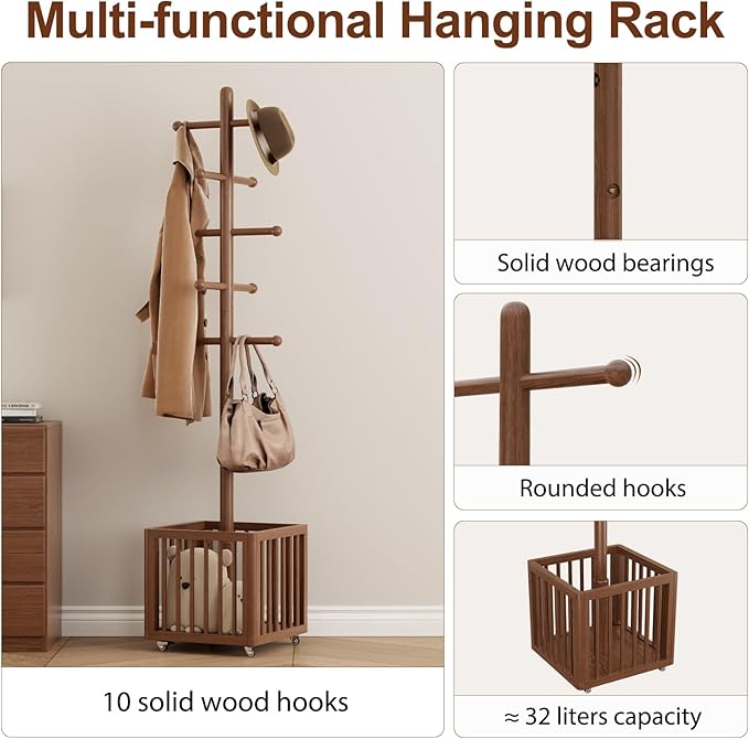 Solid Wood Coat Rack,standing coat rack with 10 Hook,Coat Rack for Freestanding,Bedroom,Living Room,Office,Hang Jackets,Bags,Clothes,Headphones(Walnuts)