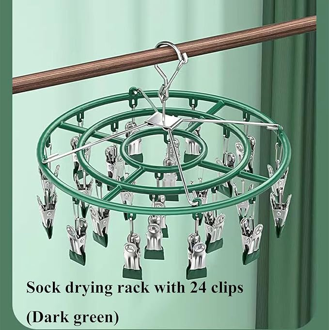 Stainless Steel Coat Sock Drying Rack with 24 Clips, Swivel Hook Windproof Clothes Hanger Rack for Sock Bras Towel Underwear Hat Scarf Gloves Pants Laundry Clothes (Emerald Green Clips)
