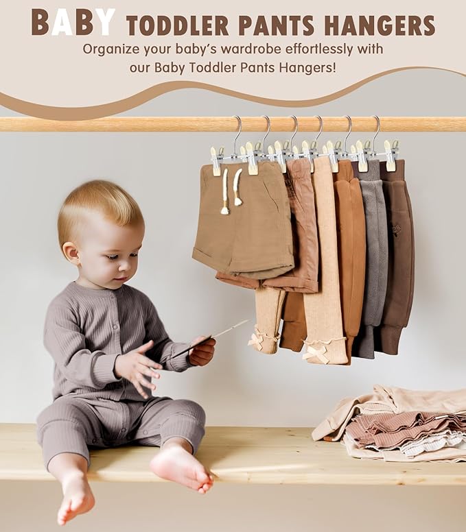 DOIOWN 10 Pack Baby Pants Hangers with Clips, Toddler Non-Slip Space Saving Hangers for Pants, Skirts, Clothes - Baby Essentials Closet Organizer