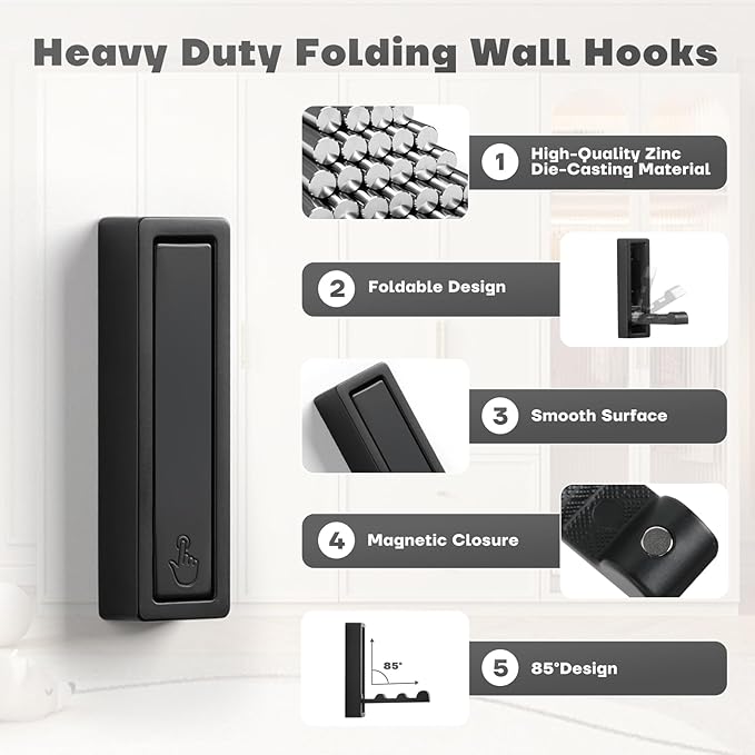 Folding Wall Hooks, 4pcs Foldable Coat Hooks, Heavy Duty Zinc Alloy No Rust Fold Up Hooks for Coat, Towel, Key, Hat, Bag, Jacket, Backpack (Matte Black)