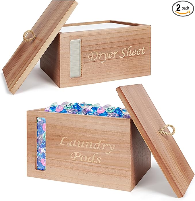 2 Pcs Wood Rustic Dryer Sheet Holder with Lid Laundry Pods Container with Window, Wooden Laundry Room Organization Storage for Laundry Room Decor and Accessories-Walnut brown