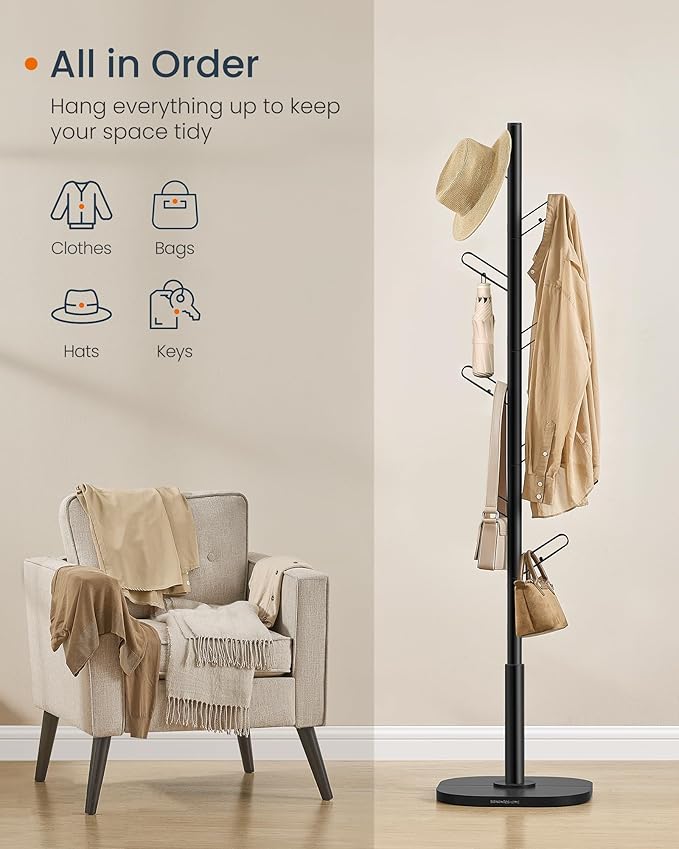 SONGMICS HOME Tree-Shaped Coat Rack, Freestanding Coat Tree, Coat Hanger Stand with 8 Sturdy Hooks, with Curved Edges, for Clothes, Hats, Bags, Ink Black URCR037B01