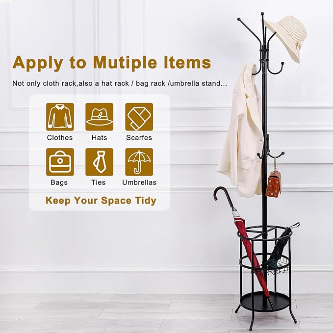 Freestanding Coat Rack with Umbrella Stand,Metal Coat Tree with 12 Hooks, Black Modern Coat Rack Stand,Coat Purse Hat Rack Umbrella Stand for Entryway, Living Room, Bedroom, Office