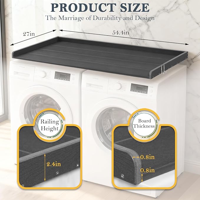 HDPE Washer Dryer Countertop, 54" x 27" Laundry Countertop with 2 Hooks & Non-Slip Pads, Washer and Dryer Topper for Laundry Room Organization, No-Installation (Grey)