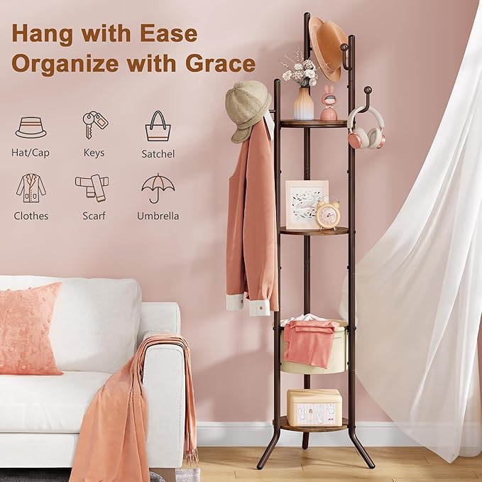Hoctieon Coat Rack Freestanding, Round Coat Rack with 3 Wooden Shelves and 1 Fabric Basket, Metal Clothes Tree with 5 Hooks, Coat Hanger Stand for Clothes, Hats, Bags, Rustic Brown