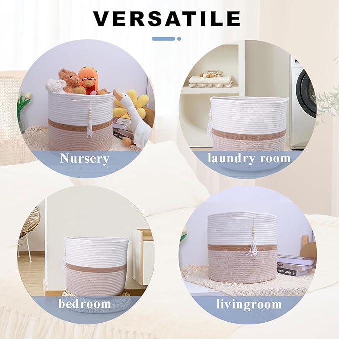 Cotton Rope Storage Bin,Natural Handmade Woven Hamper for Living Room,Blanket Basket for Clothes, Pillows, Towels (brown, 55L)