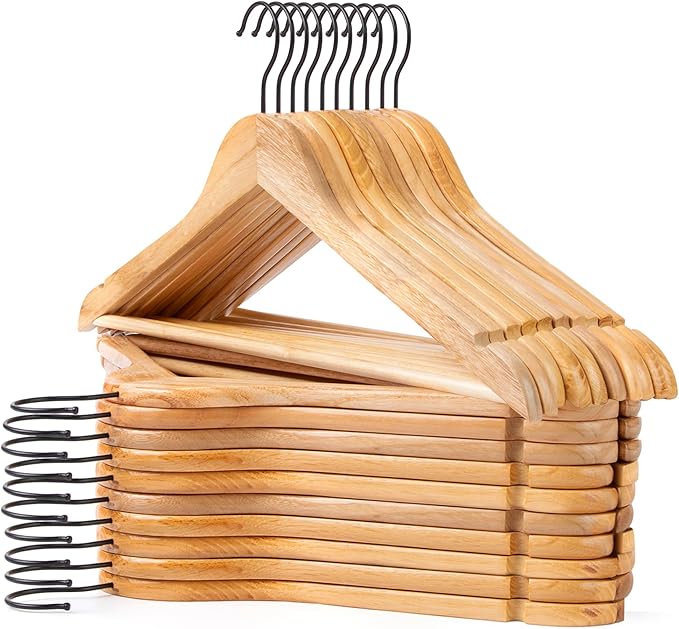 JS HANGER Wooden Hangers 20 Pack, Natural Wood Suit Hangers with Non Slip Shoulder Grooves, Clothes Hangers for Coats, Shirts, Jackets, Pants, Suits