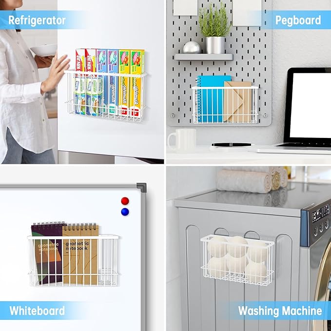 NiHome Magnetic Metal Basket Organizers, 2PCS Medium & Small, Versatile Storage for Kitchen & Office Holds Up to 14 lbs, Easy Attach to Refrigerator or Any Magnetic Surface(White)