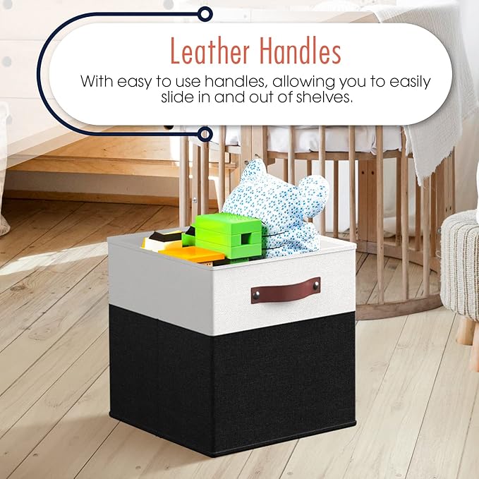 Ornavo Home 13 x 13 Storage Cube Bins, Foldable Collapsible Fabric Storage Bins Box Linen Shelf Basket Cube Organizer for Closet with Leather Handles, 6 Pack, White/Black