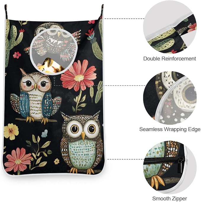 Black Owls Cactus Butterfly Hanging Laundry Hamper Door Hampers Bag Basket with Stainless Steel Hooks Oxford Fabric Printing Decorative Clothes Bags 29.5X20inch 2Pack