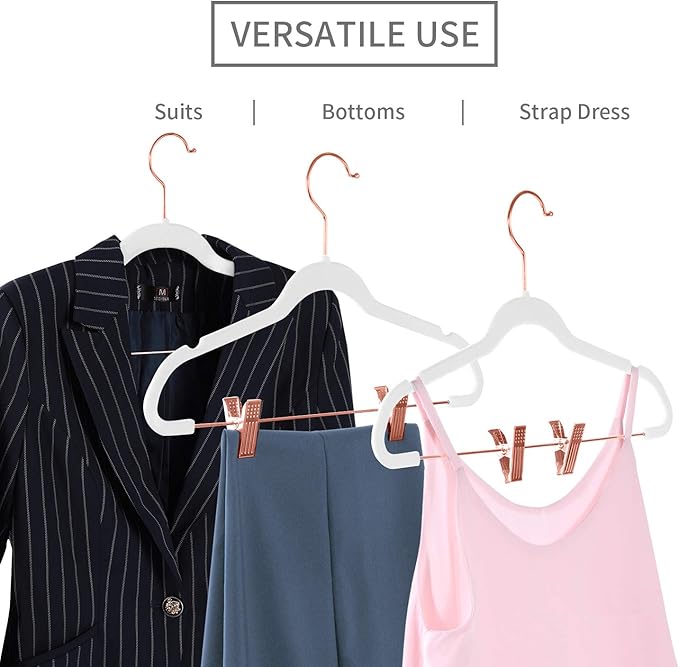 MIZGI Premium Velvet Pants Hangers with Clips (Pack of 20) Slim Skirt Hangers- Non Slip Felt Outfit Dress Hangers White - Copper/Rose Gold Hooks,Space Saving Shirt Clothes Hangers